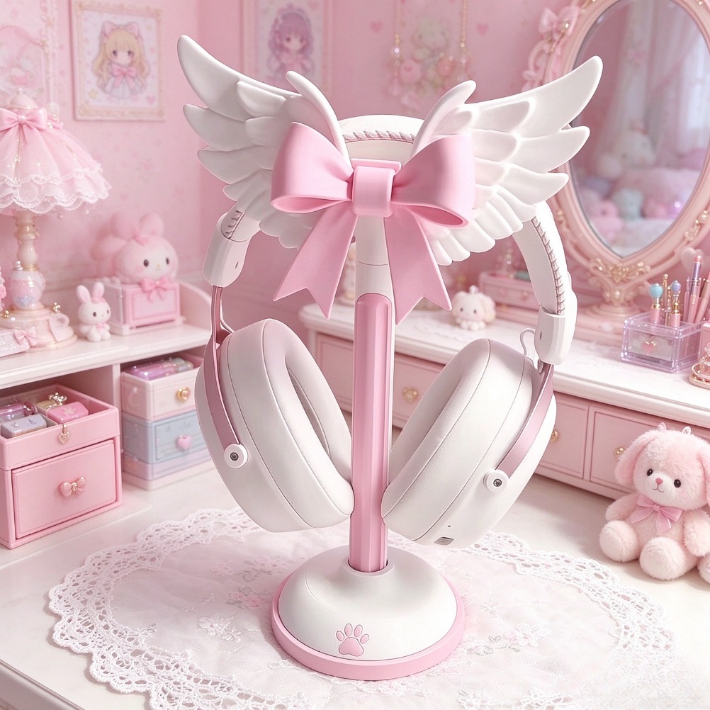 Accessories For Your Gaming Room - 天使の羽根モチーフのヘッドセットスタンド。かわいい女の子向けのヘッドホンスタンド。卓上オーナメントとしても使える、キュートなテーブルディスプレイラック。ゲームルームの装飾に最適なギフト。