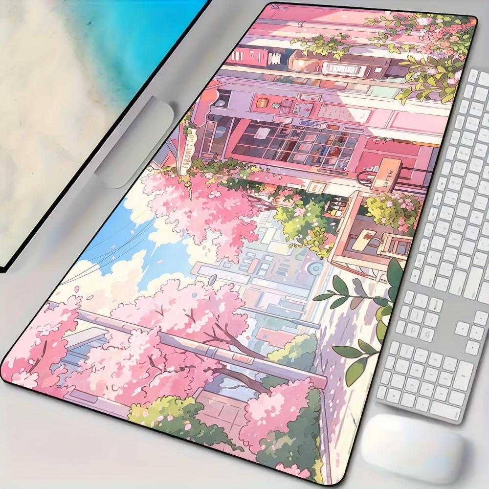 Gaming Accessories Shop - ピンク色のストリート風ショップデザインのマウスパッド、デスクマット、大型コンピューター用オフィスカーペット、XXLサイズ、ゲーマー向け、ゲーミングPCアクセサリー、キーボードマット。